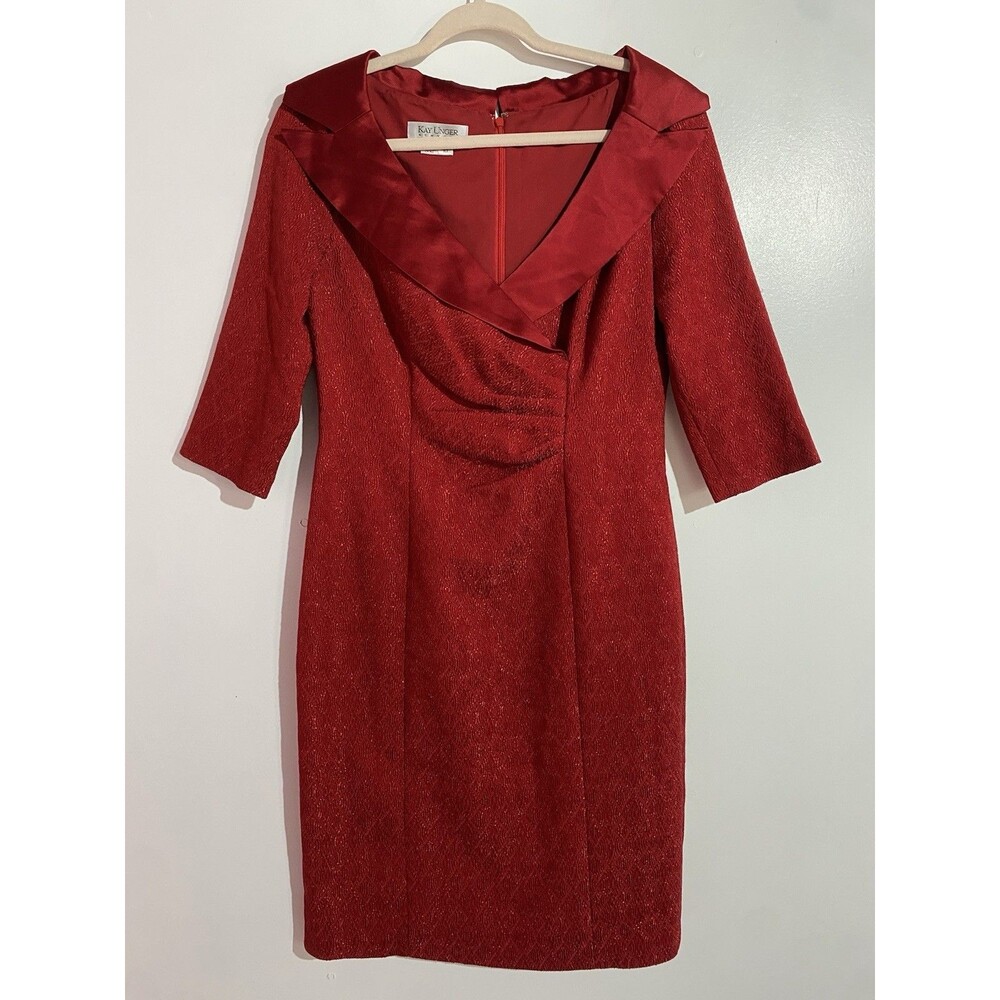 Kay Unger Dress 10 Red Shawl Collar Formal Date night Party Cocktail Silk Blend